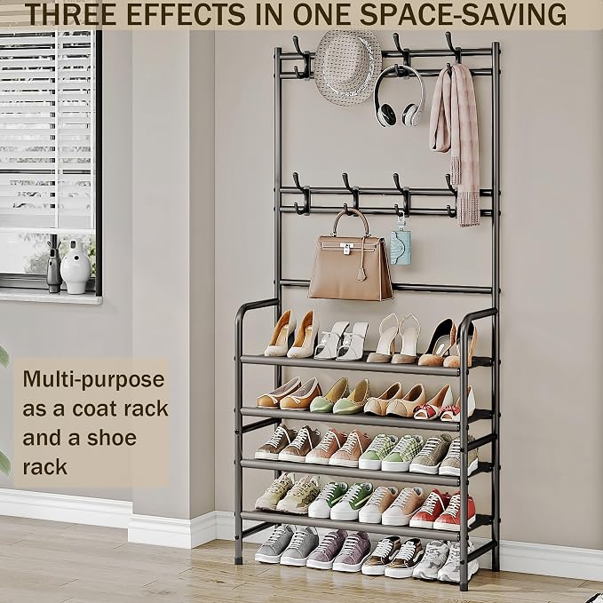 4 Tier Coat and Shoe Rack Entryway Coat Rack with 8 Hooks Shoes Organizer for Living Room Bedroom Office Brown - Image 3