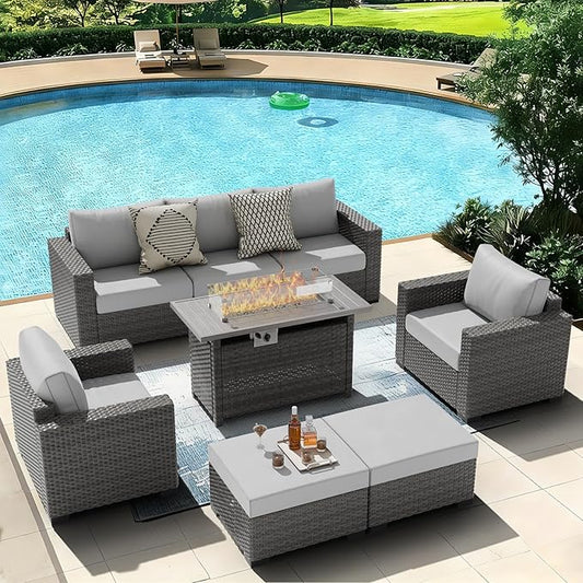 ABCASA 8-Piece Patio Furniture Set with Fire Pit Table | Indoor Comfort for Outdoor Living | Weather-Resistant Wicker & Ultra-Thick Cushions | Grey Patio Conversation Set for Deck, Porch, Poolside