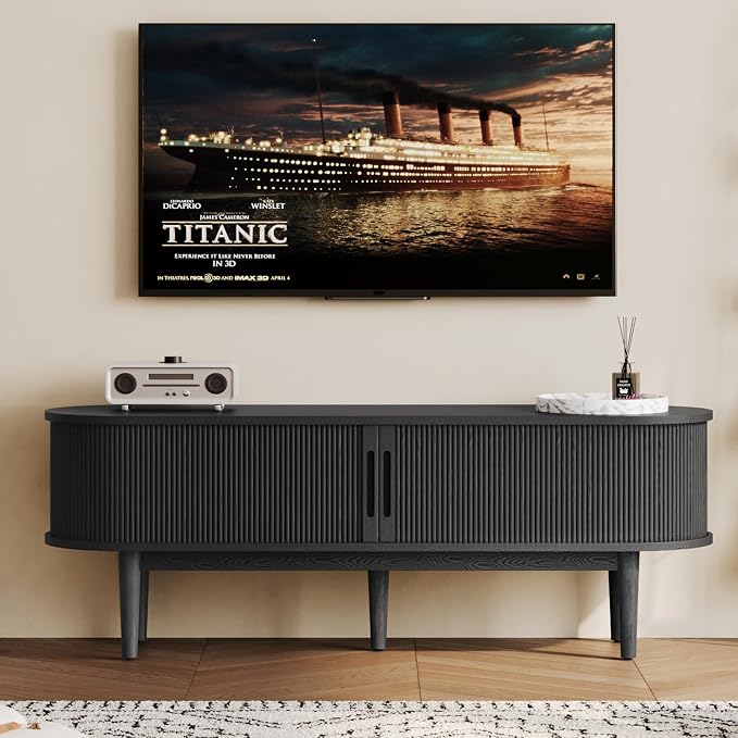 LINSY HOME 58" Fluted TV Stand for TVs up to 65 Inch, Mid Century Modern Entertainment Center with Storage Cabinet and Sliding Doors, Farmhouse Wood Media TV Console for Living Room, Bedroom, Black by LINSYHOME