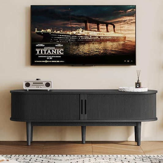 LINSY HOME 58" Fluted TV Stand for TVs up to 65 Inch, Mid Century Modern Entertainment Center with Storage Cabinet and Sliding Doors, Farmhouse Wood Media TV Console for Living Room, Bedroom, Black by LINSYHOME