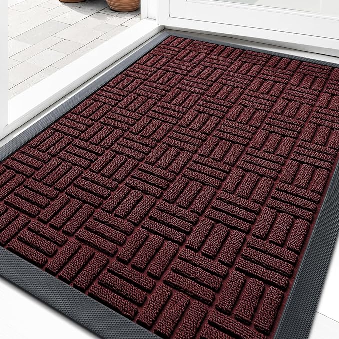 OLANLY Front Door Mat Outside Entrance 33x21, Absorbent, Heavy Duty Sturdy Natural Rubber Doormat Indoor Outdoor, Non-Slip, Stain and Fade Resistant, Low Profile Floor Mat for Entryway, Burgundy by OLANLY