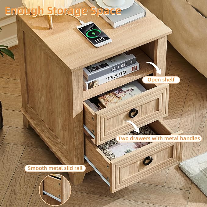 Joaxswe 18" Farmhouse Night Stand with Charging Station, 2 Drawers Bedside End Table, Natural Wooden Nightstand, Bed Side Table Cabinet with Open Shelf for Bedroom Living Room Office - Image 5