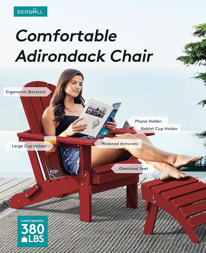 SERWALL Adirondack Chair with Cup Holders - Composite Adirondack Chairs Set of 2 HDPE Outdoor Chairs All Weather Use- Dark Red - Image 3