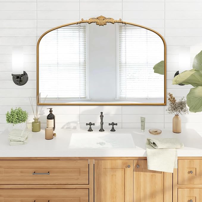 Besdomus Ornate Arched Large Mirror: 48"x33" French Oversize Gold Vintage Vanity Decorative Mirror - Baroque Traditional Antique for Fireplace/Bathroom/Living Room - Home Decor for Homemakers - Image 3