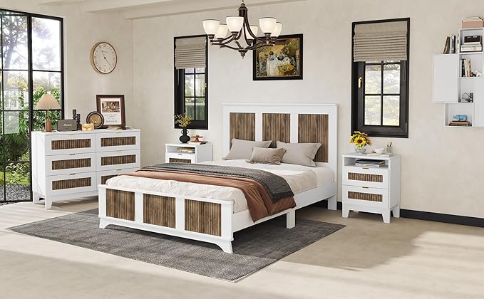 Harper & Bright Designs 4-Pieces Bedroom Sets, Queen Size Platform Bed with 2 Nightstands and A 6-Drawer Dresser, Queen Size Bedroom Set with Wooden Strip Decoration, White
