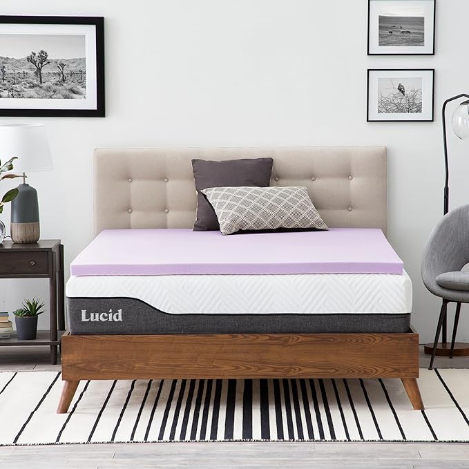 Lucid 2 Inch Lavender Memory Foam Mattress Topper, Twin Size – Essential Oil Infusion – Plush Feel, Pressure-Relieving Bed Topper – Ventilated and Breathable – CertiPur Certified