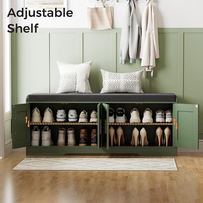 Homleke 2-Tier Storage Bench, Shoe Bench with Thickened Padded Seat Cushion, Entryway Bench with 4 Doors, Adjustable Shelf, 13.8" D x 45.3" W x 18.5" H, for Entryway, Living Room, Bedroom, Green - Image 6