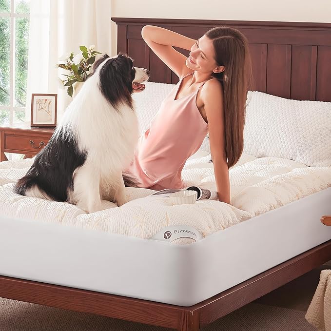 PRIMESOFT Twin Size Mattress Topper, Thick Pillow Top Mattress Pad，Up to 21 Inch Deep Pocket,Soft Breathable Mattress Pad for Back Pain, Waterproof Protector Cover(Beige)