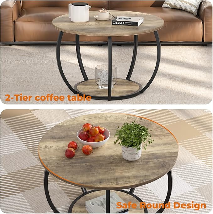 GreenForest Round Coffee Table with 2-Tier Open Storage, 27.6 inch Small Circle Coffee Tables with Adjustable Feet, Modern Mini Center Table for Small Living Room, Grey Wash