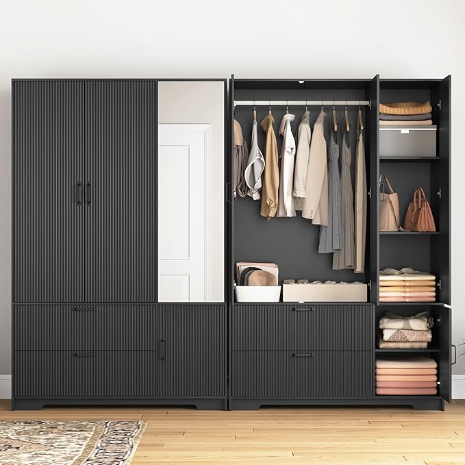 68.5” Armoire Wardrobe Closet with Mirror Door, Freestanding Modern Wooden 3 Doors Fluted Closet with 2 Drawers & Storage Cabinet & Adjustable Shelves & Hanging Rod for Bedroom (Black)