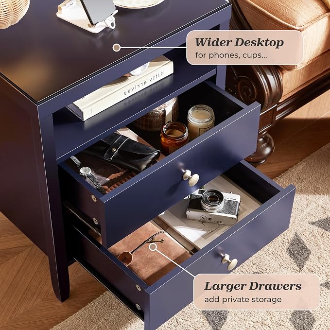 Huuger Nightstand with Charging Station, Blue Nightstand with 2 Drawers, Bed Side Table for Bedroom, Bedside Table with Storage, Modern Nightstands, Metal Knobs, Painted Surface - Image 6