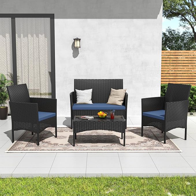ALAULM 4 Pieces Patio Conversation Set Outdoor Rattan Patio Furniture Set Wicker Chairs with Soft Cushion and Glass Table for Patio, Backyard, Porch, Poolside(Dark Blue)