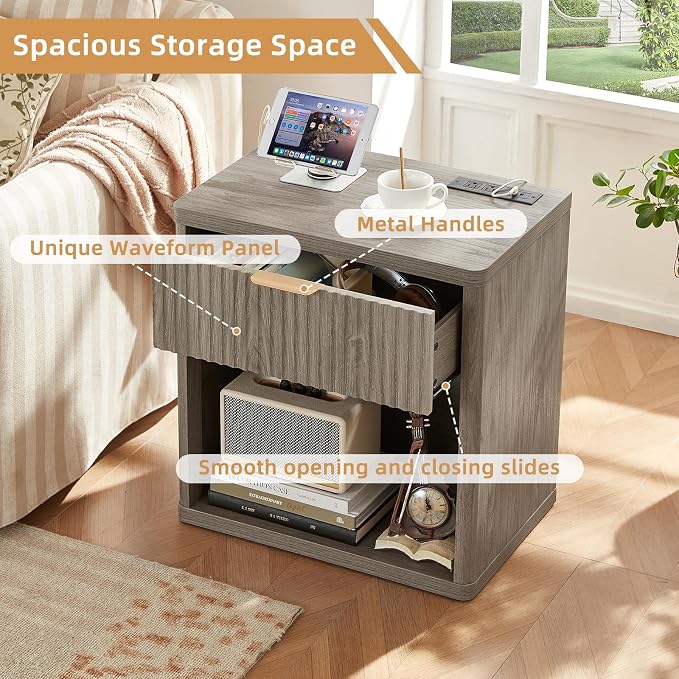 LEYAOYAO Fluted Farmhouse Nightstand Set of 2 with Charging Station, 23" Wide 1 Drawers End Table,Grey Dresser for Bedroom,Bed Side Table Chest of Drawers Cabinet,Wood Night Stand for Living Room - Image 6