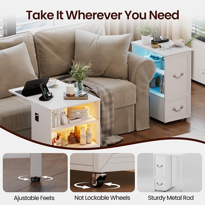 Lareth Side Table with Charging Station and Led Lights, Foldable Narrow End Table with Drawers and Bookshlef, Rolling Tall Nightstand for Small Space, Living Room (White-1pcs) - Image 6
