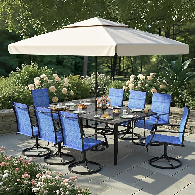9 Pieces Patio Dining Set for 8, All Weather Outdoor Furniture Set, 75.6" Metal Dining Table with Umbrella Hole and 8 High Back Textilene Swivel Chairs for Deck Garden Lawn Poolside, Blue - Image 8