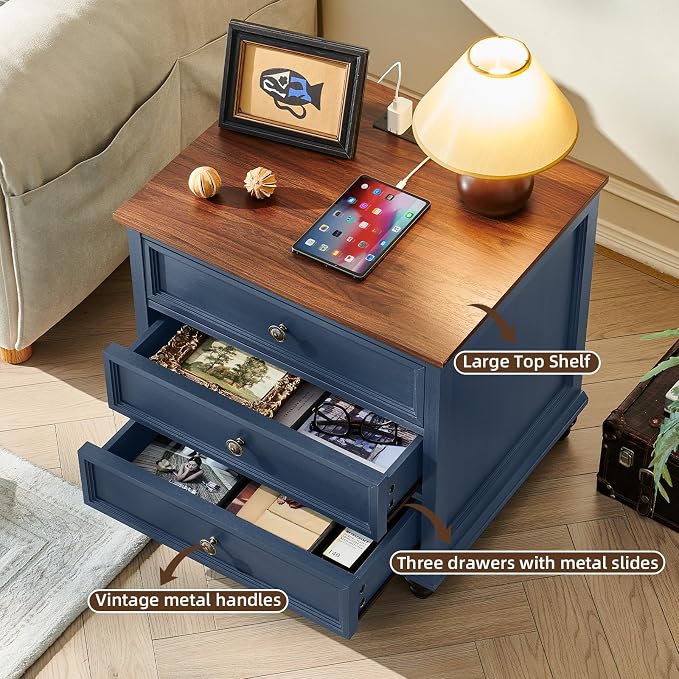 Joaxswe Farmhouse Nightstand with Charging Station, 24" Wide End Table with 3 Drawers,Blue Wood Dresser for Bedroom, Bed Side Table Chest of Drawers Cabinet,Night Stand for Living Room, Closet - Image 4