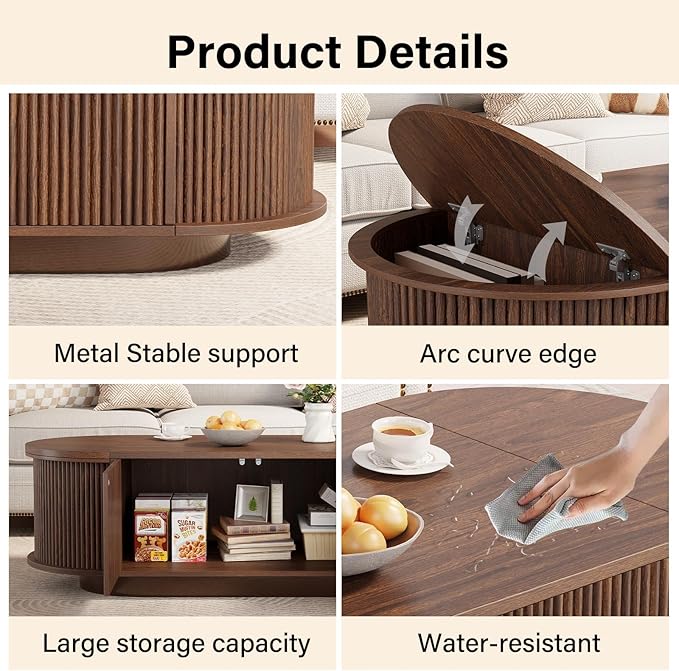 HSH Oval Coffee Table with Storage, 47” Modern Coffee Table with Press Type Door, Fluted Living Room Tables with 2 Flip-Top Hidden Lids, Wood Center Table for Living Room, Office, Walnut