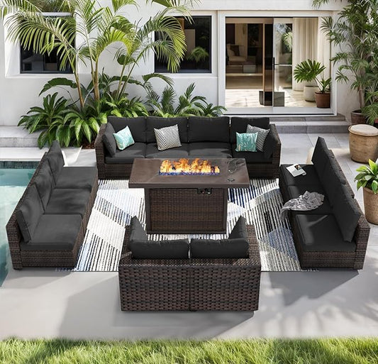 13 Piece Patio Furniture Set with Fire Pit Table All Weather PE Rattan Outdoor Sectional Sofa Couch with No-Slip Cushions for Garden, Poolside, Backyard (Black)