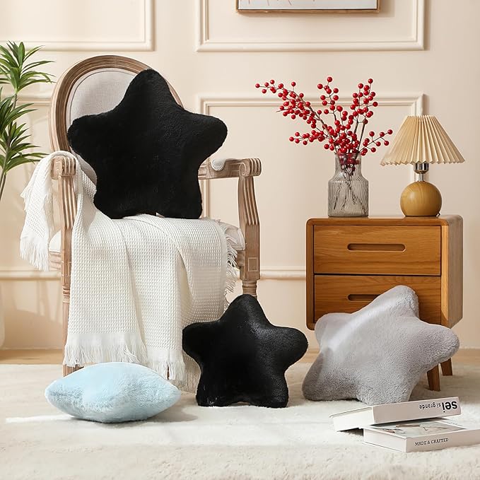 YRXRUS Star Pillows, Black Star Shaped Pillow, Decorative Throw Pillow Gifts, Cute Plush Room Decor, Fluffy Faux Rabbit Fur 14"x14"Pillows for Living Bedroom