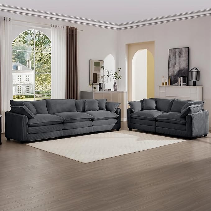 KEIKI 2-Piece Sofa Set with 1 Oversized Corduroy 3-Seater Sofa & 1 Loveseat Sofa, Upholstered 5-Seater Couch Set with 9 Pillow, High-Density Foam Cushions, Removable Armrests, for Living Room, Grey