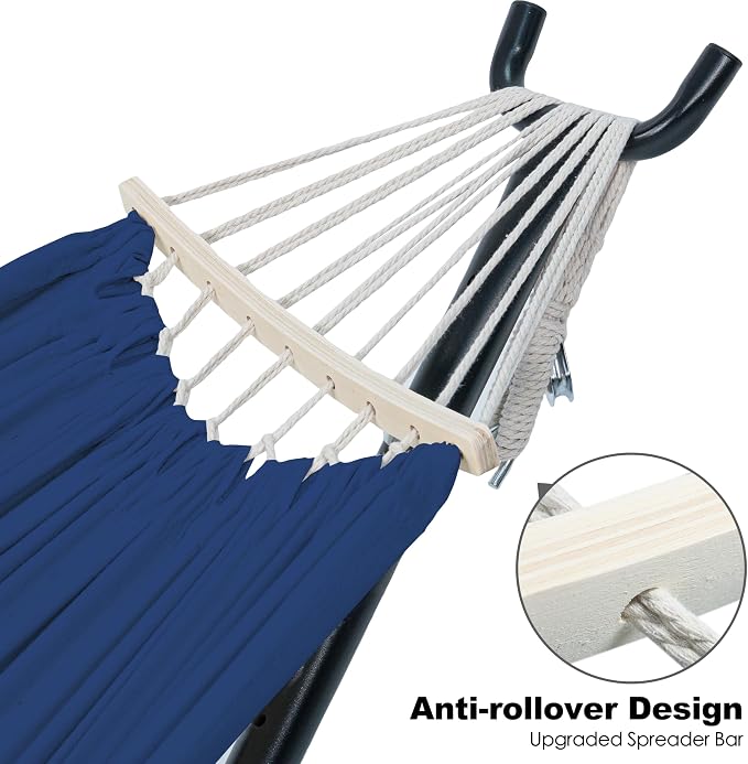 Gafete Double Hammock with Stand for Outside, Upgraded Spreader Bar, Heavy Duty Space Saving Steel Stand 2 Person, Side Pockets, Easy Assembly, 600lbs Weight Capacity, Indoor & Outdoor (Navy Blue) - Image 2
