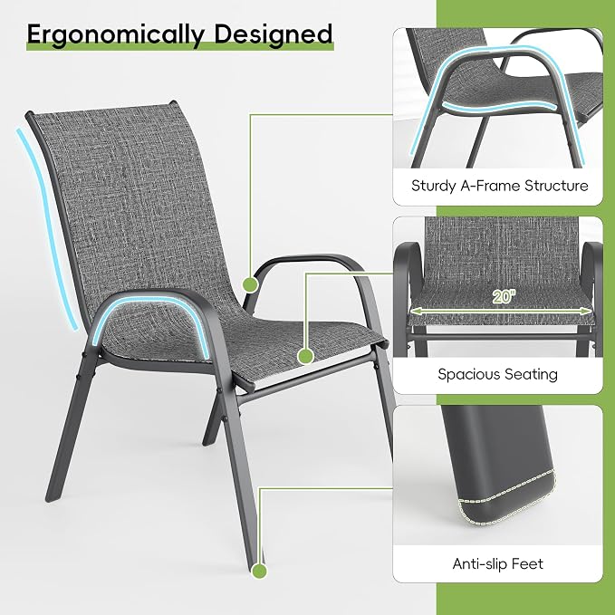 Patio Chairs, Stackable Outdoor Dining Chairs for All Weather, Metal Modern Outside Furniture Chair for Pool Side, Garden, Backyard Deck, Set of 4, Dark Grey - Image 7