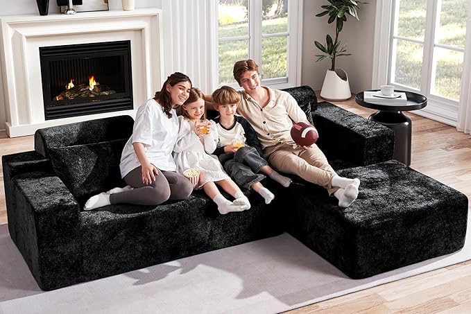 Homguava Modular Sectional Couches for Living Room,105" Cloud Couch with L-Shape Chaise,Comfy Sofa Living Room Couch with Deep Seat,No Assembly L Couch,Luxury Distressed Velvet(Black,R)