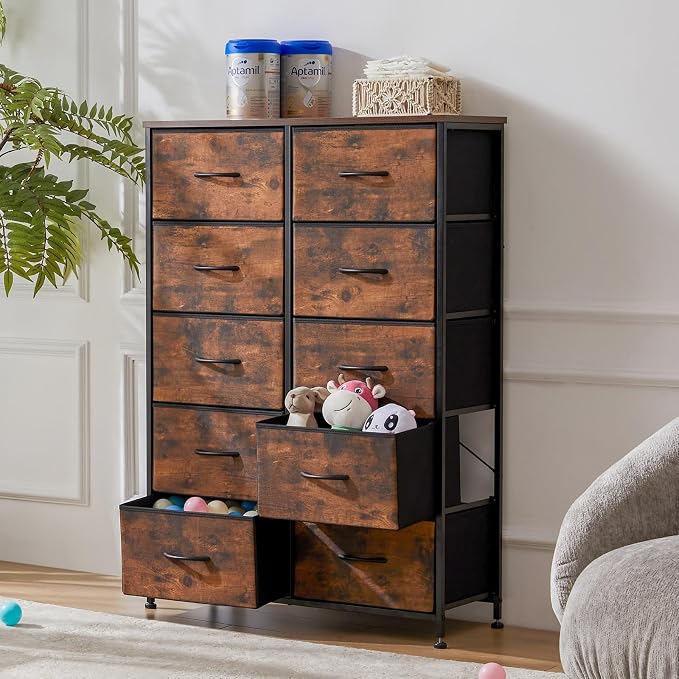 Sweetcrispy Dresser for Bedroom, Fabric Dresser with 10 Drawers, Chest of Drawers for Closet, Living Room, Sturdy Steel Frame, Wooden Top, Easy Pull Handle, Brown - Image 2