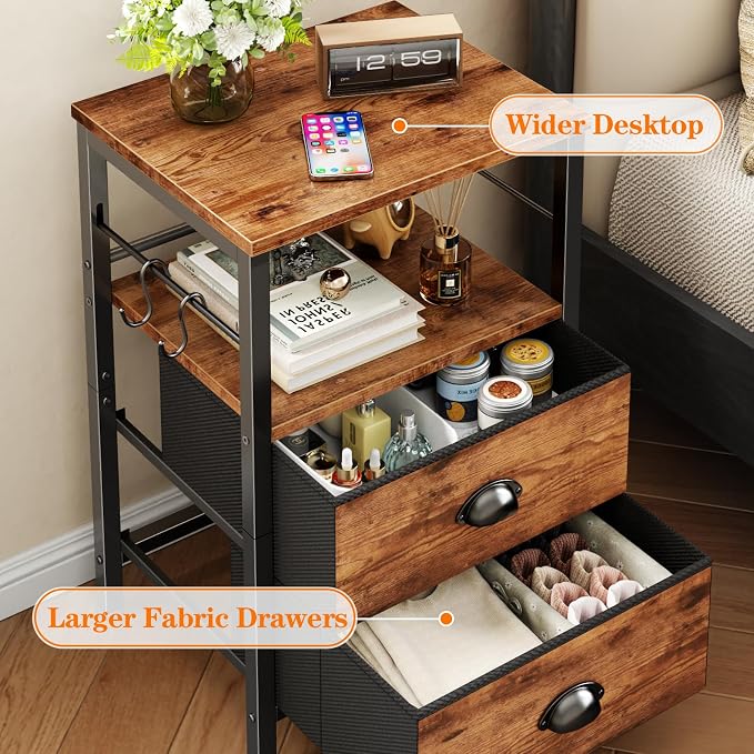 Furologee Nightstand with 2 Fabric Drawers, Night Stand with 2-Tier Shelf, Bedside Table with Hooks, Open Wooden Shelf, End Table for Bedroom, Backboard Design, Metal Frame, Rustic Brown - Image 4