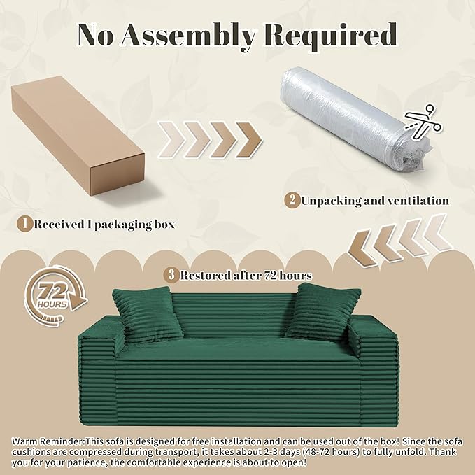 75" Cloud Loveseat Sofa, 26" Deep Seat Boneless Couches for Living Room, Modern 3 Seater Sofa with Throw Pillows, Corduroy Compression Sofa in Box, No Assembly Couch for Bedroom, Dorm, Dark Green