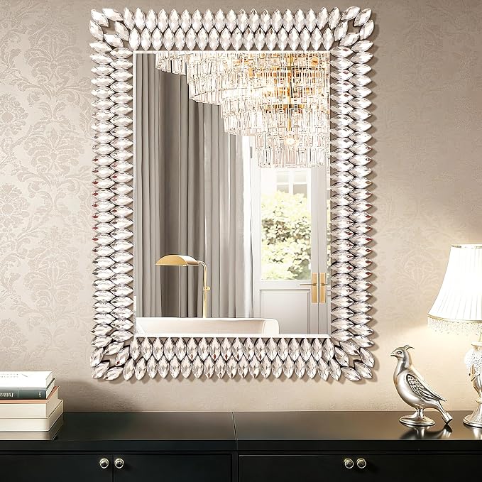 30x40 Inch Rectangle Mirrors for Wall Decor, Luxury Diamond Entryway Mirrors for Wall, Silver Decorative Mirror for Living Room, Bedroom, Bathroom, Dining Room, Fireplace by Unknown