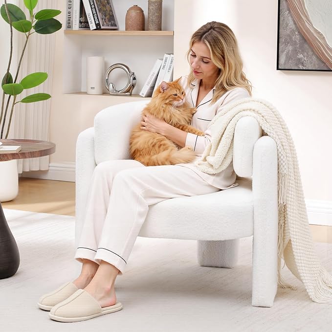 Accent Chair for Living Room, Modern Sherpa Barrel Chair, Upholstered Living Room Chairs with 3 Legs, Comfy Armchair Reading Side Chair for Bedroom, Office, Apartment, White