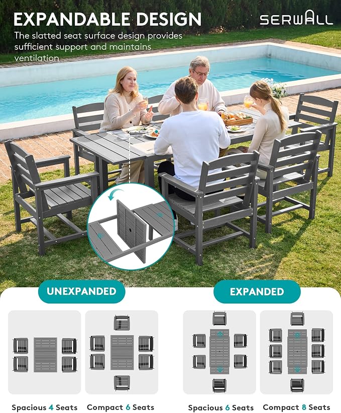 SERWALL 9-Piece Outdoor Dining Set, 60" - 83" Expandable Outdoor Dining Table and 8 HDPE Chairs, All Weather HDPE Outdoor Furniture Set for Backyard, Garden, Grey - Image 3