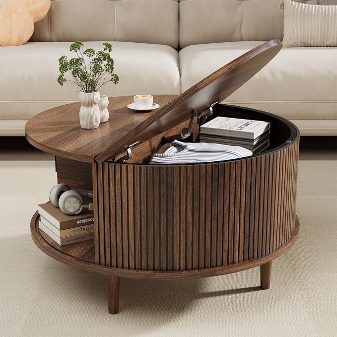 Round Coffee Table with Storage, Mid Century Modern Coffee Table, Fluted Dining Table with Sliding Door, Circle Coffee Table for Living Room Home Office, 31.5", Walnut