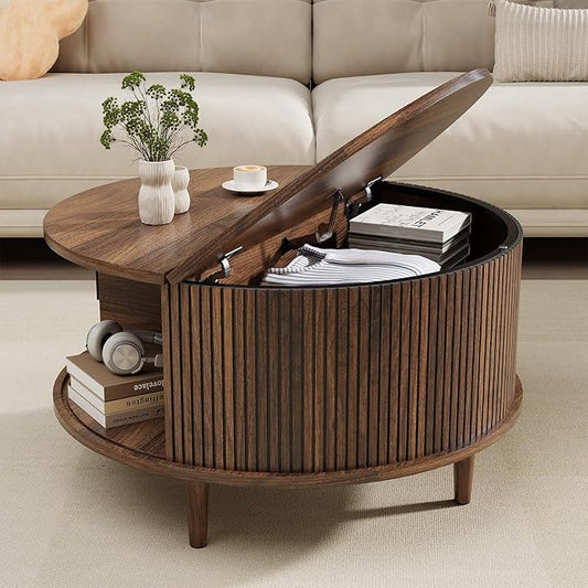Round Coffee Table with Storage, Mid Century Modern Coffee Table, Fluted Dining Table with Sliding Door, Circle Coffee Table for Living Room Home Office, 31.5", Walnut