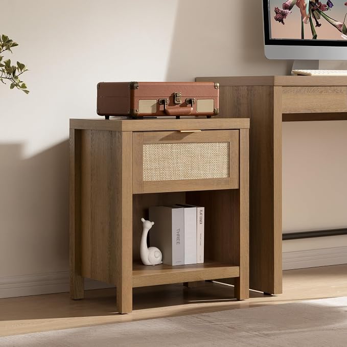 SICOTAS Rattan Night Stand with Charging Station - Farmhouse Nightstand with Type-C and USB Ports, Boho Accent Bed Side Table with Drawer and Open Shelf for Bedroom Small Space, Oak - Image 7