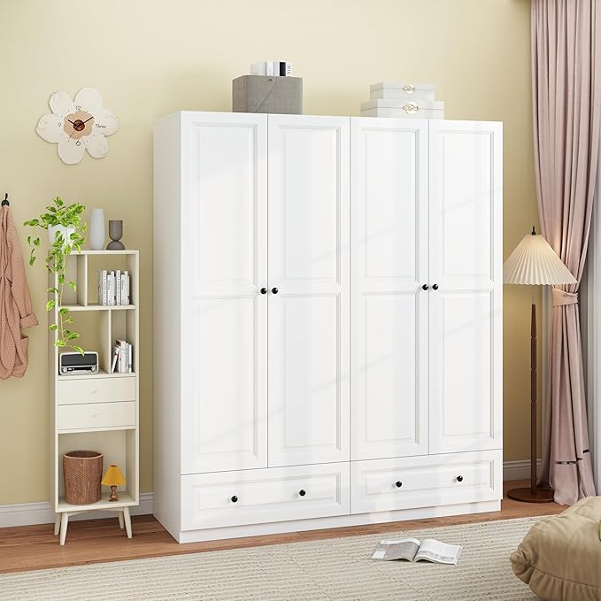 Armoire Wardrobe Closet with Drawers: 74" White Wardrobe Closet with 4 Doors, Bedroom Armoires with 2 Drawers, Wood Closets Cabinet for Hanging Clothes (White, 63")