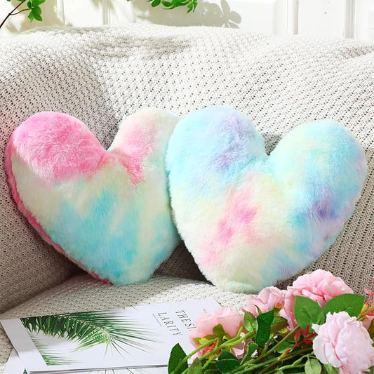 Marsui 2 Pcs Heart Throw Pillows, Soft Fluffy Faux Fur Decorative Hearts Shaped Pillows for Living Room Sofa Bed, Cute Heart Themed Gift for Women(Colorful,11.81 x 11.02 Inch)