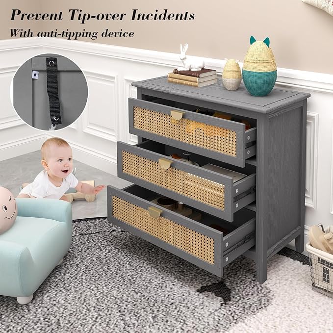 31.5" Wide Rattan Nightstand with 3 Drawers, Modern Boho Storage Cabinet with Solid Wood Legs & Golden Handles, Large Accent Table for Bedroom, Grey, 1 PC - Image 7