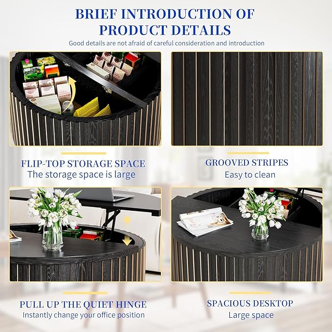 Fluted Lift Top Coffee Table with Storage, 31.5'' Farmhouse Round Coffee Tables for Living Room, Modern Wood Center Tables with Hidden Compartment for Home, Office (Black)