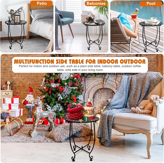 Outdoor Side Table for Small Spaces, 2 Pack 14 Inch Round Metal End Table for Patio Balcony Yard Porch, Anti-Rust Waterproof Accent Table for Indoor Outdoor Use, Easy Assembly - Image 6