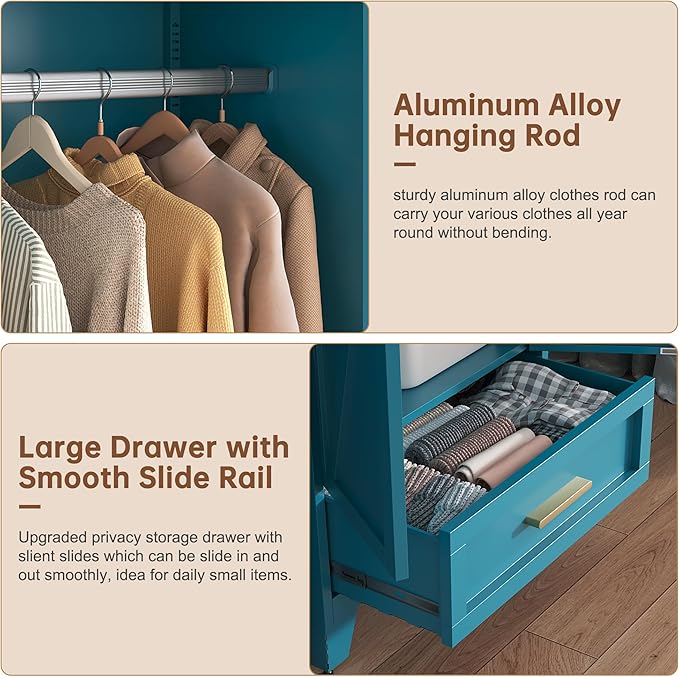 LCAOPC 71" Tall Metal Wardrobe Cabinet with Drawer and Hanging Rod, 2 Doors Armoire Wardrobe Closet with Shelf for Bedroom, Office, Laundry Room, Blue