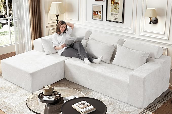 Homguava Modular Sectional Couches for Living Room, Cloud Couch with L-Shape Chaise,Comfy Sofa Living Room Couch with Deep Seat,No Assembly L Couch,Luxury Distressed Velvet(Begie,L)