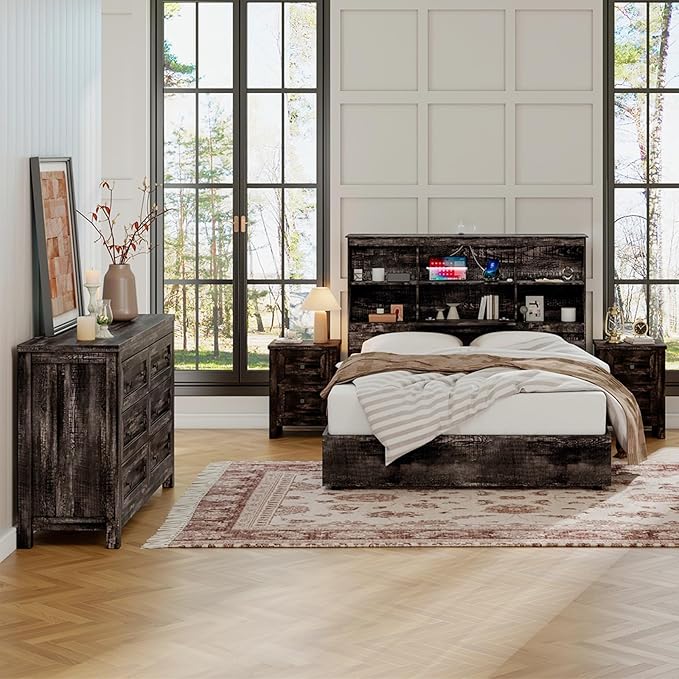 LUXOAK Bedroom Dresser and Nightstand 3 Piece Set, 1 X Rustic Wood 6 Drawer Dresser, 2 X Farmhouse Nightstand with Charging Station, Farmhouse Bedroom Furniture Set, Dark Oak