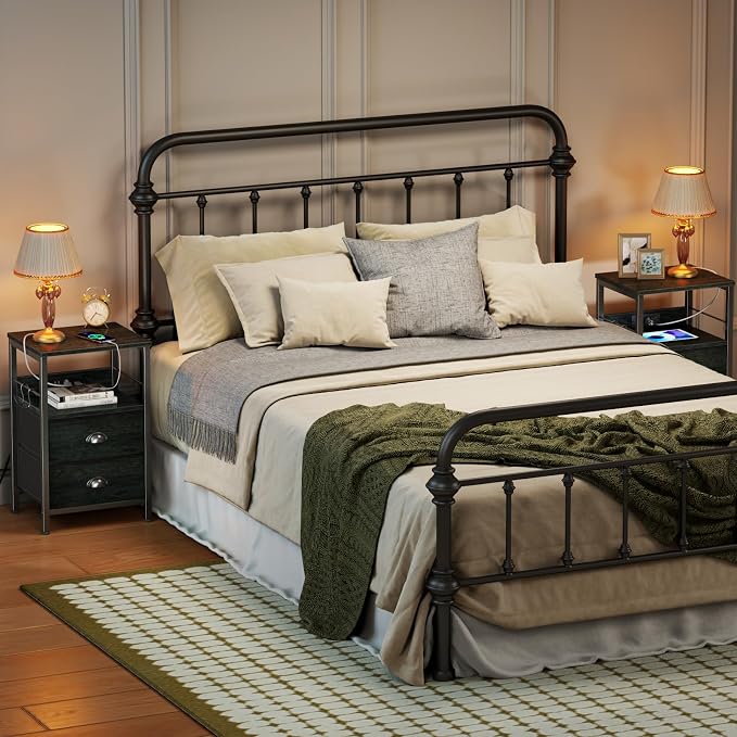 Furologee Nightstand Set of 2, Black Oak, with Charging Station and USB Ports, Side Tables with 2 Fabric Drawers, Bedside Tables with Storage Shelf & Hooks, for Living Room/Bedroom - Image 5