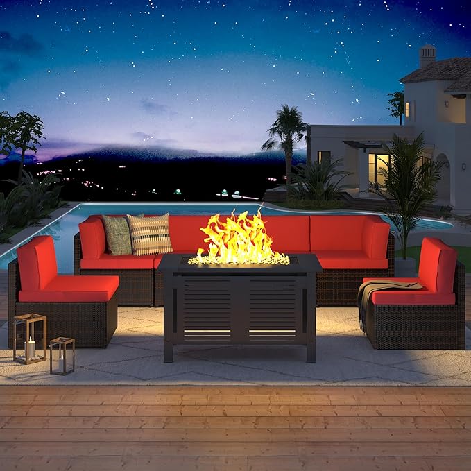 U-MAX 7 Piece Outdoor Patio Furniture Set with Extra 43 Inch Fire Pit Table, PE Rattan Wicker Sofa Set, Outdoor Sectional Furniture Chair Set with Cushions and Tea Table, Brown Rattan&Red Cushion