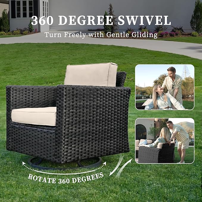 UDPATIO Patio Furniture Set, 5 Pieces Outdoor Conversation Sets with Rocking Swivel Chairs, Wicker Rattan Outdoor Sofa Set with Storage Table and Waterproof Covers for Backyard, Deck, Porch, Khaki