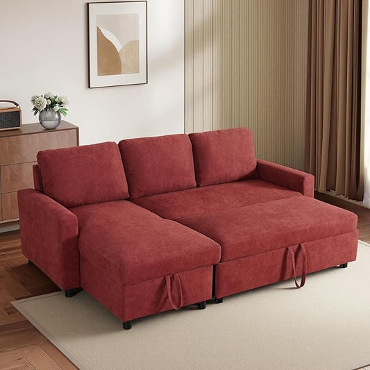 L-Shaped Sleeper Sofa with Chaise Lounge & Storage, Pull-Out Couch Bed with Recliner, Full Size Futon for Living Room, Office, Apartment Red