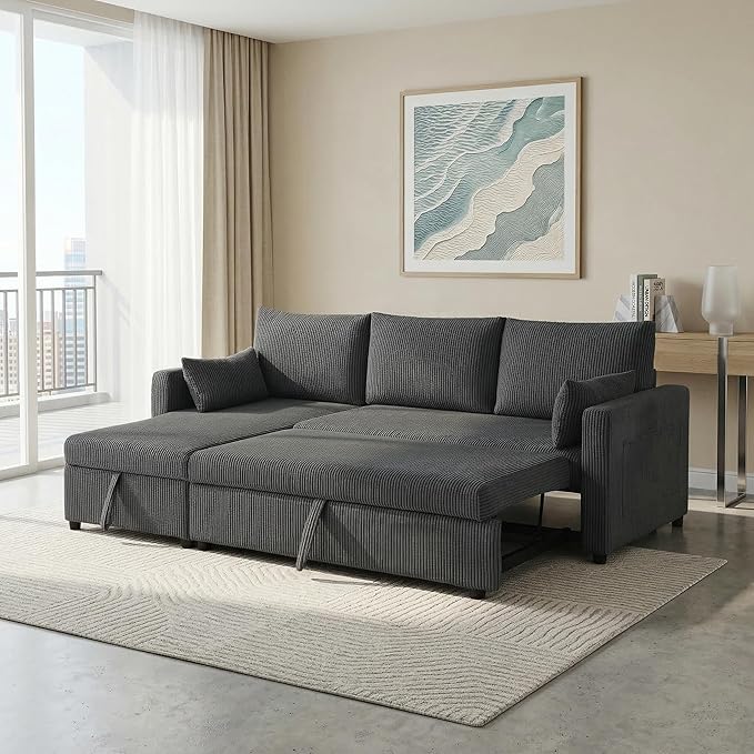 Casaphoria 85" Corduroy Sleeper Sofa with Pull Out Bed & Storage Chaise, L-Shaped Sectional Couch for Small Apartment, Living Room & Guest Room, 3-Seat Convertible Sofa Bed, Black