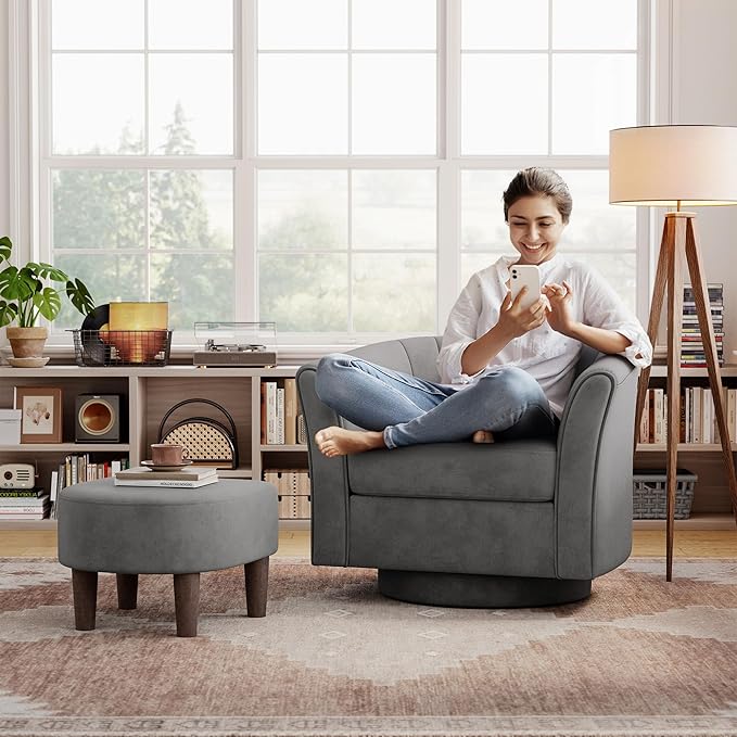 LINSY Swivel Accent Chair Ottoman Set: Velvet Larege Barrel Chair with Foot Rest, Modern Reading Chair Upholstered Armchair with Footrest for Living Room Bedroom Study Room Office (Grey)